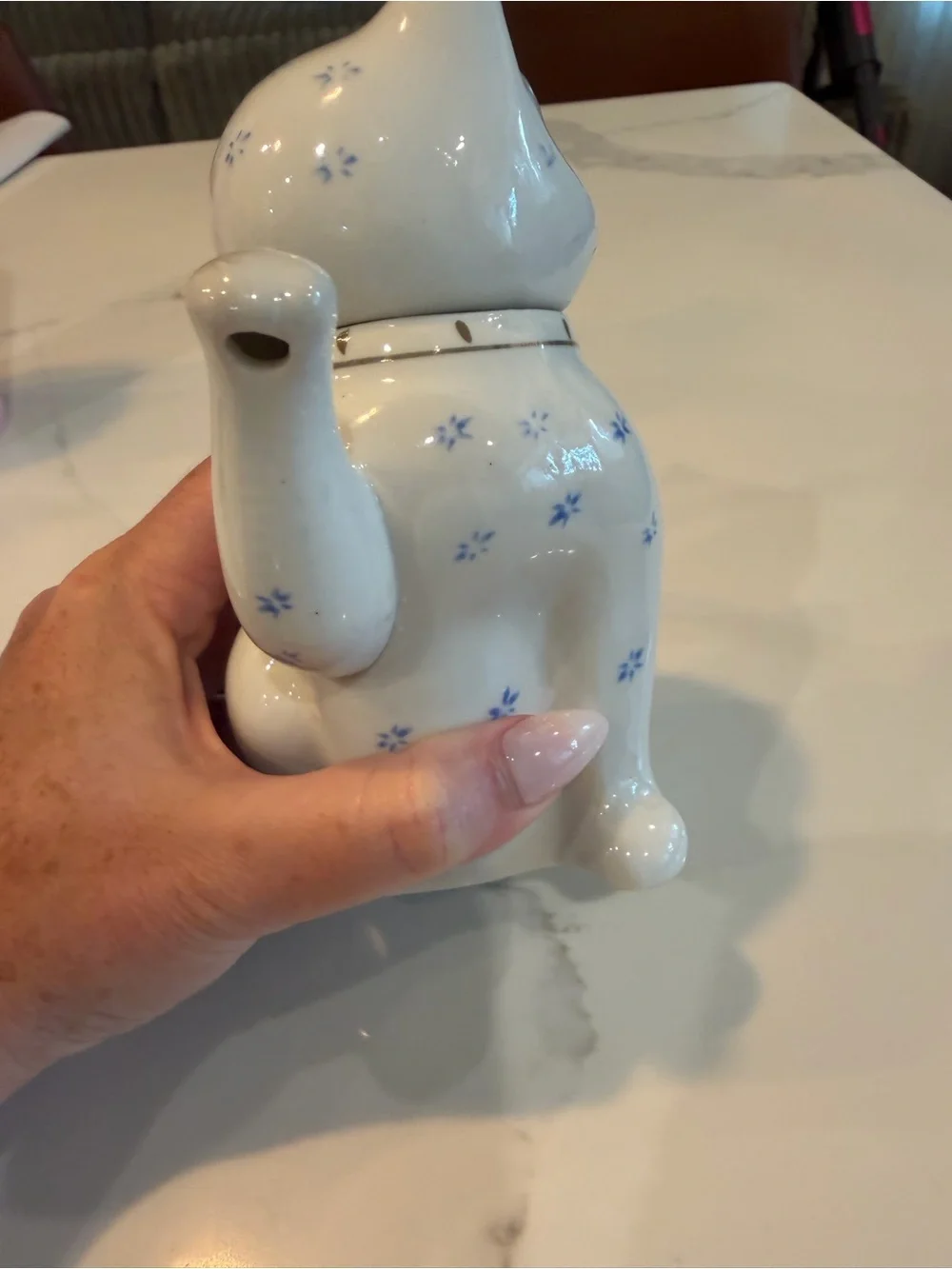 Ceramic White Cat Teapot with Blue Floral Accents